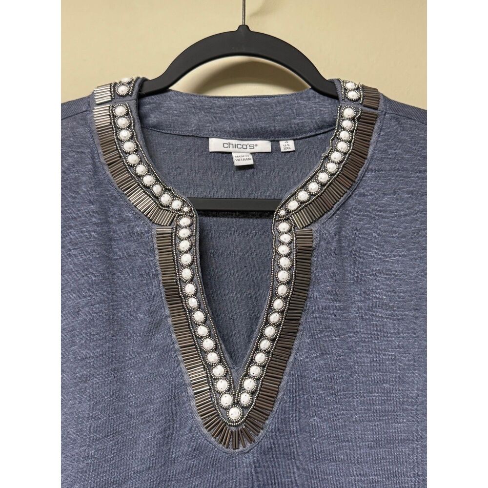 CHICO'S 100% Linen V-Neck Embellished Tunic, Sz 4 (XXL) - Picture 3 of 9